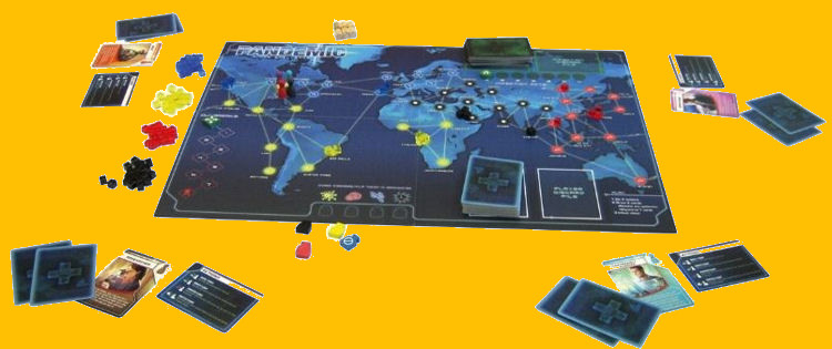 Photo prsentant le matriel utilis dans le jeu Pandmie - Plateau reprsentant la carte du monde, avec de petits cube carrs en plastique de diffrentes couleurs reprsentant les maladies, ainsi que des cartes lies au jeu