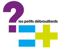 Logo des petits dbrouillards : le nom de l'association accompagn de signes mathmatiques : un point d'interrogation violet, un plus vert et un gal bleu