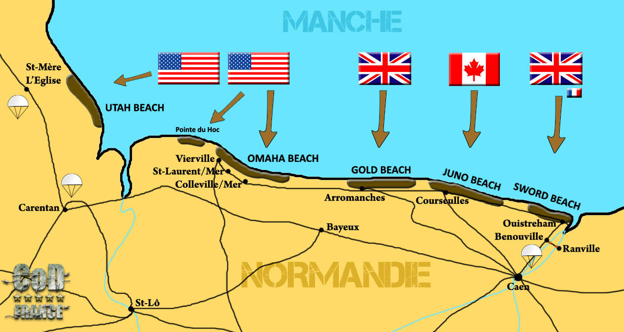 schèma montrant les diverses plages du Débarquement