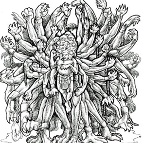 Cette image reprsente les hcatonchires, avec100 bras et 50 ttes