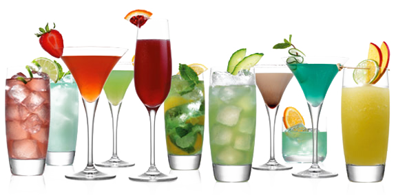 11 verres de cocktails diffrents, de couleurs diffrentes, avec verres diffrents, et diffrentes tranches de fruits en dcoration