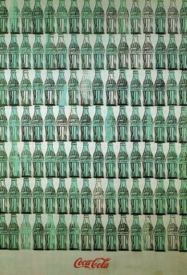 Cette image est une oeuvre de Andy WarHol nomme "Bouteilles de Coca Cola vertes"