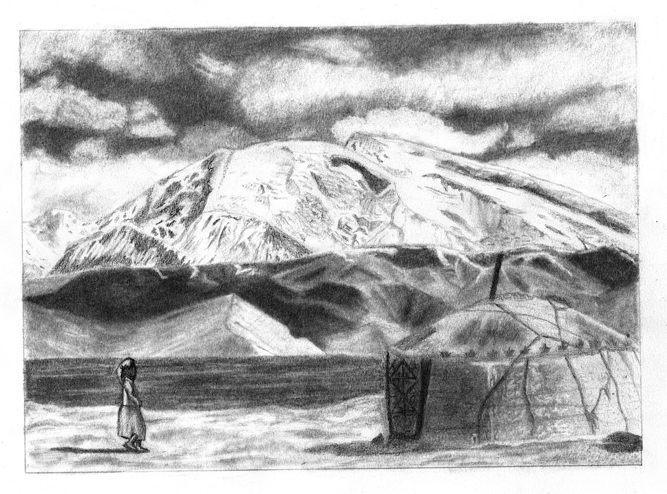 dessin réaliste d'un paysage népalais